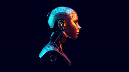 Cyborg with Blue Orange Moody 80s lighting 3d illustration render	