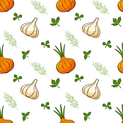 Sticker - Seamless pattern with onion and garlic, herbs. Bright pattern with vegetables. Color elements in the linear style are isolated without a bg. For the design of kitchen accessories and food packaging