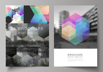 Wall Mural - vector layout of a4 format cover mockups design templates with colorful hexagons, geometric shapes, 