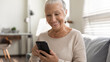 © fizkes - Close up overjoyed mature woman using phone, sitting on couch, browsing smartphone apps, looking at screen, senior female chatting with relatives online, shopping, having fun with mobile device