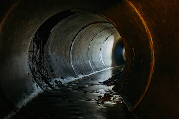Canvas Print - Flooded round sewer tunnel with water reflection