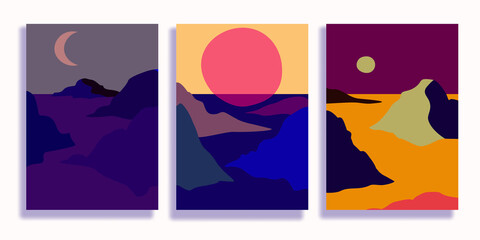  Set of minimalist landscape abstract compositions. Collage organic shapes with geometric nature, sea, sky, sun, mountain landscape. Great for design wall decoration, postcard or brochure cover. Vecto