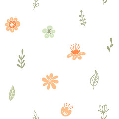 Wall Mural - Baby seamless pattern with flowers and leaves. Floral spring wallpaper in pastel colors. Kids pattern for nursery. Vector childish scandinavian background. Cute Abstract print.