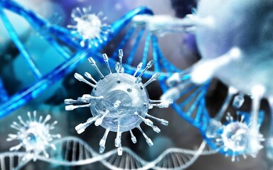 Wall Mural - Close-up virus against the background of a DNA helix, infection with a new strain, infectious bacterium, 3D rendering