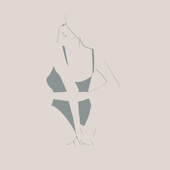 Wall Mural - Young woman, model in underwear. Slim female body. Drawing in minimalistic style. Vector