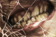 background scary teeth in broken glass, horror art 