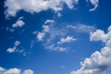 Bright cumulus clouds against a blue sky.