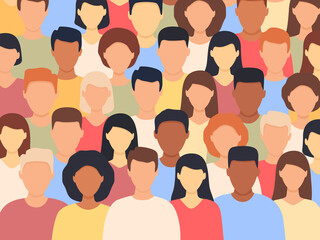 Diverse people standing together. Multicultural group of people background (europian, asian, american). Show TV concept. Human social diversity crowd. Vector illustration.