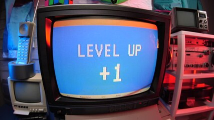 Retro computer screen showing LEVEL UP +1 message 80s 90s style vintage video game.