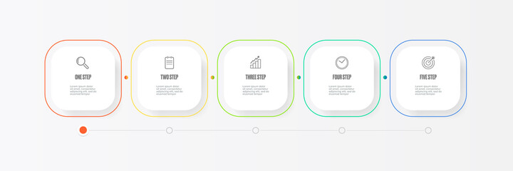 Business infographic thin line process with square template design with icons and 5 options or steps on grey and dark background. Vector progress paper modern web banners set design template