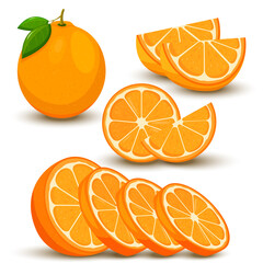Wall Mural - set of fresh whole, half, cut slice orange fruit isolated on white background. tangerine. organic fr