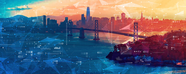 Wall Mural - Technology screen with aerial view of the Bay Bridge in San Francisco