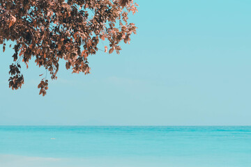 Vintage and retro toning of tropical beach with blue sky and clear sea which including of a wooden umbrella and chair in sunrise time with vintage retro tone. Vacation time as concept.	
