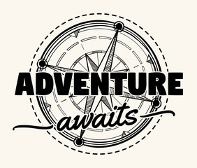 adventure awaits - compass wind rose decorative monochrome emblem