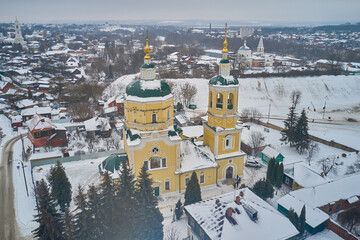 Wall Mural - Scenic aerial view of The Ilinskiy Church in small town Serpukhov in Moscow oblast in Russian Federation. Beautiful winter look of old little orthodox cathedral in ancient russian town