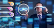 © Egor - Business, Technology, Internet and network concept. Young businessman working on a virtual screen of the future and sees the inscription: CFO