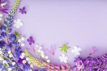 Purple, Blue, Pink Flowers On Paper Background