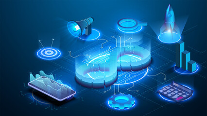 Devops software development operations infinity symbol. Web development concept in isometric design. Developing of internet app, online website service. Landing page layout or banner template. Vector