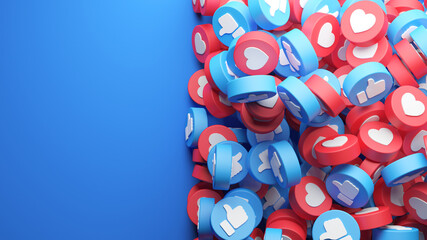 Social media marketing template with copyspace and a heap of like and love buttons thumb up in 3D rendering. Social network banner and advertising background