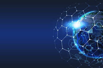 the earth hexagons map over globe satellite. planet connection through modern technology. concept of