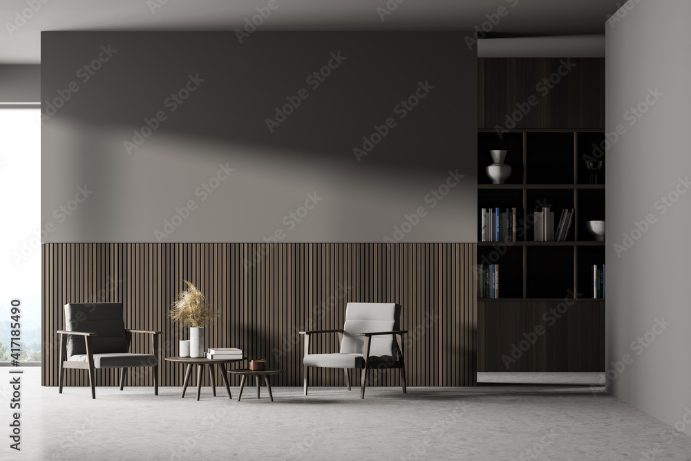 Home relax area. Room interior with table, a bookshelf, two chairs and books. Work and read at home concept. 3d rendering. No people. Mock up - obrazy, fototapety, plakaty 