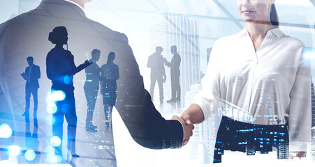 Poster - Handshake of businessman and businesswoman in formal clothes. Silhouettes of business people. Corporate culture concept and deal transaction. colleagues are on background. Double exposure.