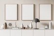 © ImageFlow - Three mock up posters frame on wall in modern interior background, living room. Books vase lamp on cabinet. Scandinavian style. 3D rendering.