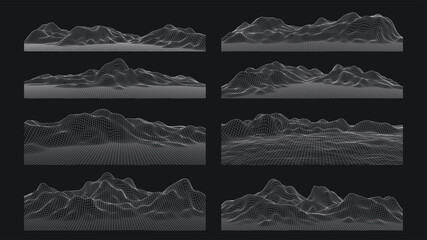 3d sci-fi retro connection background. Wireframe topography landscape. Blockchain and crypto currency technology background. Digital landscape. HUD elements. Big data and artificial intelligence.
