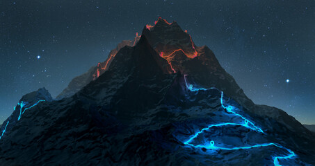 overview of a winding hiking trail through the mountains with waypoints - 3d illustration