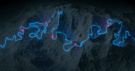 Wall Mural - overview of a winding hiking trail through the mountains with waypoints - 3d illustration