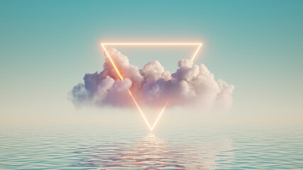 3d render, abstract geometric background, white cloud and glowing neon triangular frame. illuminated