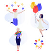 © Olia - Happy woman with bouquets of flowers and with balloons. 8 march, International Women's Day. Hello spring. Human characters on white background. Color vector illustration