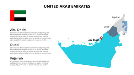  UAE vector map infographic template divided by states, regions or provinces. Slide presentation