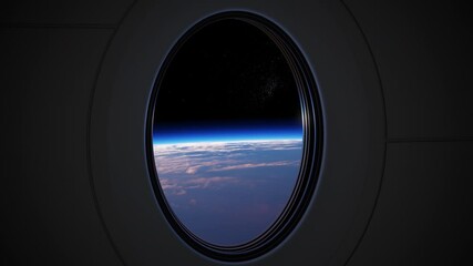 Wall Mural - view of planet earth from the porthole of a private spacecraft that takes off into space. 4k. 3d ani
