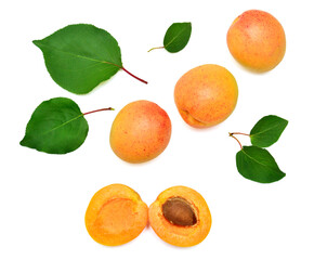 Wall Mural - Apricot fruit whole and half with leaf isolated on white background. Flat lay, top view