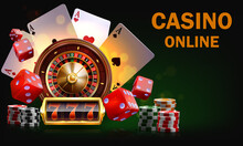 Casino Illustration With Roulette Wheel And Playing Chips. Vector Gambling Design With Poker Cards And Dices For Invitation Or Promo Banner.Online Casino.Layered Illustration.