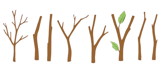 set of tree branches, bare twigs and branches with leaves. wooden sticks. vector