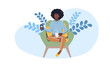 Young afro American woman relaxing at home on chair. Flat design Illustration. Female Character, Chatting Online Using Smartphone, Drinking Hot Tea.