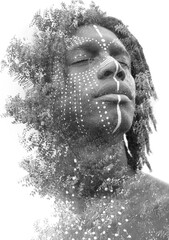 A black and white double exposure of man's portrait