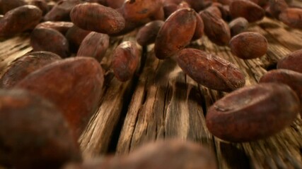 Poster - Super slow motion of falling group of cocoa beans on wood, camera follow. Filmed on high speed cinema camera, 1000fps.