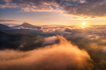 Wall Mural - mountains in clouds at sunrise in summer. aerial view of mountain peak in fog. beautiful landscape w