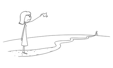 Poster - Woman or mother waving with handkerchief saying goodbye to girlfriend, woman or daughter leaving on the way. Vector cartoon stick figure or character illustration.