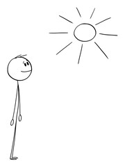 Poster - Smiling man looking at shining summer Sun happy with the weather.Vector cartoon stick figure or character illustration.