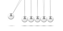 Newton Cradle With Balancing Pendulum Of Silver Metal Balls On White Background
