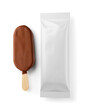 © Kuzmick - Brown chocolate popsicle and clean package isolated on white. 3D rendering.