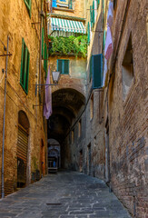 Wall Mural - Medieval narrow street in Siena, Tuscany, Italy. Architecture and landmark of Siena. Cozy cityscape of Siena