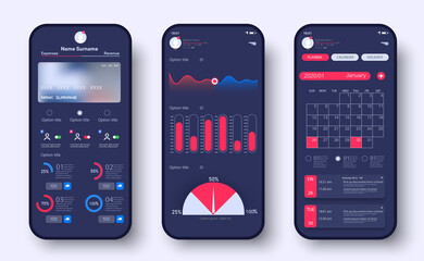 Poster - Online Banking Mobile Apps UI, UX, GUI. Analytic smartphone application with investment and stock, financial statistics. Mobile banking interface vector template. Statistics graphs and finance charts