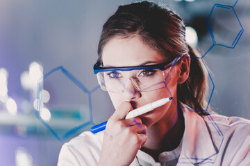 Fototapete - Portrait of a confident female health care professional in his working environment reviewing structural chemical formula written on a glass board.