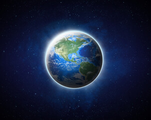 Wall Mural - Earth 3D render. Blue Planet Earth view from outer space show North & South America, USA. World Global in Universe, Star field, Galaxy, Nebula. Earth on space -Elements of this image furnished by NASA