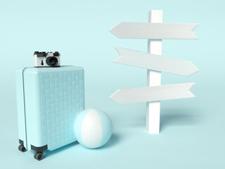 3d travel suitcase and signpost.